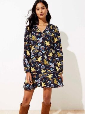 Ann Taylor LOFT Navy Blue Floral Fit & Flare Dress Tie Neck Flutter Hem 10 NWT